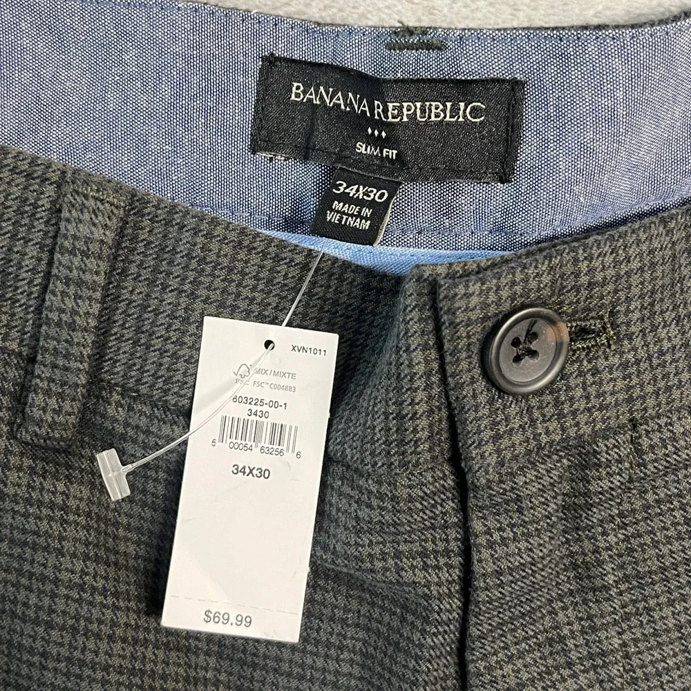 NWT Banana Republic Slim Stretch Chinos Mens 34x30 Grey Houndstooth Dress Pants